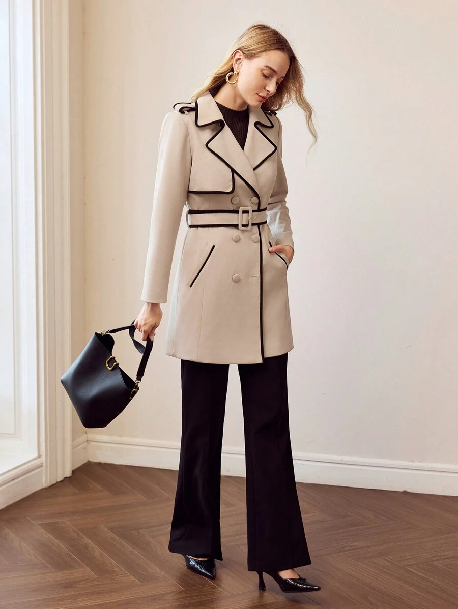 MOTF PREMIUM 撞色绑带扣腰带双排扣风衣 - 卡其色 - 查看 1