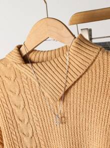 Tween Girls Camel Special Collar Textured Patchwork & Twist Knit Pullover Sweater,Autumn Casual Holiday Back-To-School Fashion Comfortable Knitwear - Khaki - View 3