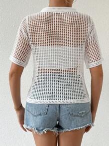 SHEIN Unity Solid Color Crew Neck Short Sleeve Hollow Out Sheer Casual Knit Top - Beige - View 2