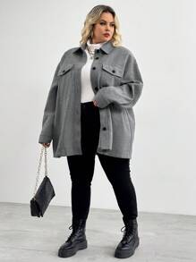 SHEIN CURVE+ Plus Drop Shoulder Flap Pocket Overcoat,,Fall Women Clothes,Fall Tops,Fall Outfits - Grey - View 3