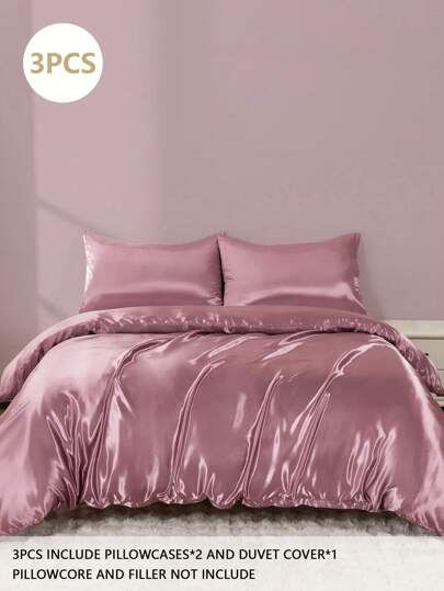 3 件套缎面纯色床上用品套装，丝滑柔软涤纶缎纹羽绒被套套装，包括：1 个羽绒被套（带 4 个角带和拉链）、2 个枕套（无被子/枕芯），适用于卧室、旅行、宿舍（男孩/女孩）