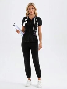 TaskEZ 2 piezas Conjunto de uniforme con parte superior y pantalones de color liso - Negro - Ver 1