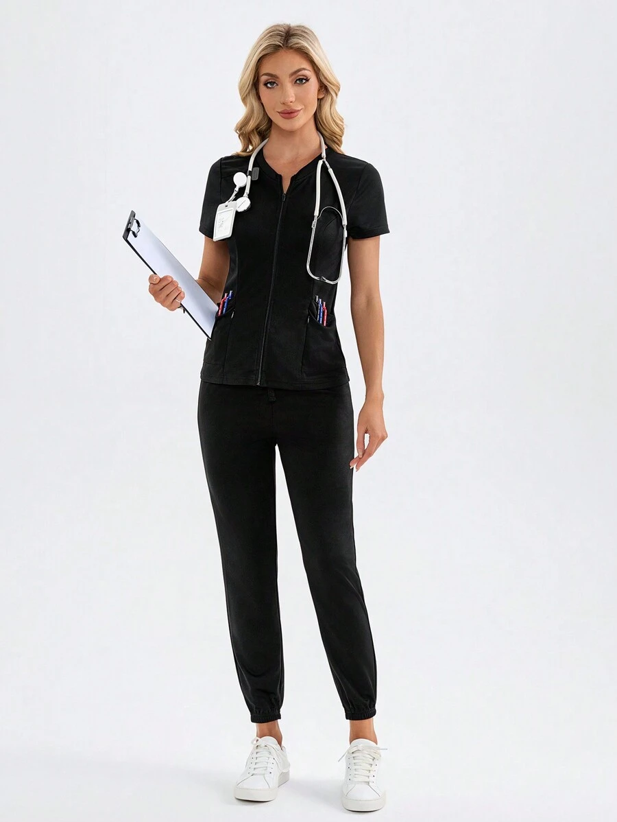 TaskEZ 2 piezas Conjunto de uniforme con parte superior y pantalones de color liso - Negro - Ver 1