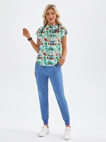 TaskEZ 卡通恐龙印花磨砂上衣，带口袋和裤子，制服套装 - 彩色 - 查看 9