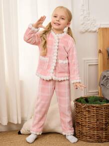 3pcs Young Girl Winter Fleece Pajama Set, Long Sleeve Cardigan With Pockets & Long Sleeve Top And Pants, Mommy And Me Matching Outfits (Sold Separately)