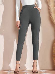 EMERY ROSE 女式纯色松紧腰褶皱休闲裤 - 灰色 - 查看 3