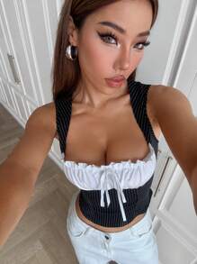 SHEIN EZwear Camiseta ajustada sin mangas de mujer con volantes y lazada al frente a rayas - Multicolor - Ver 3