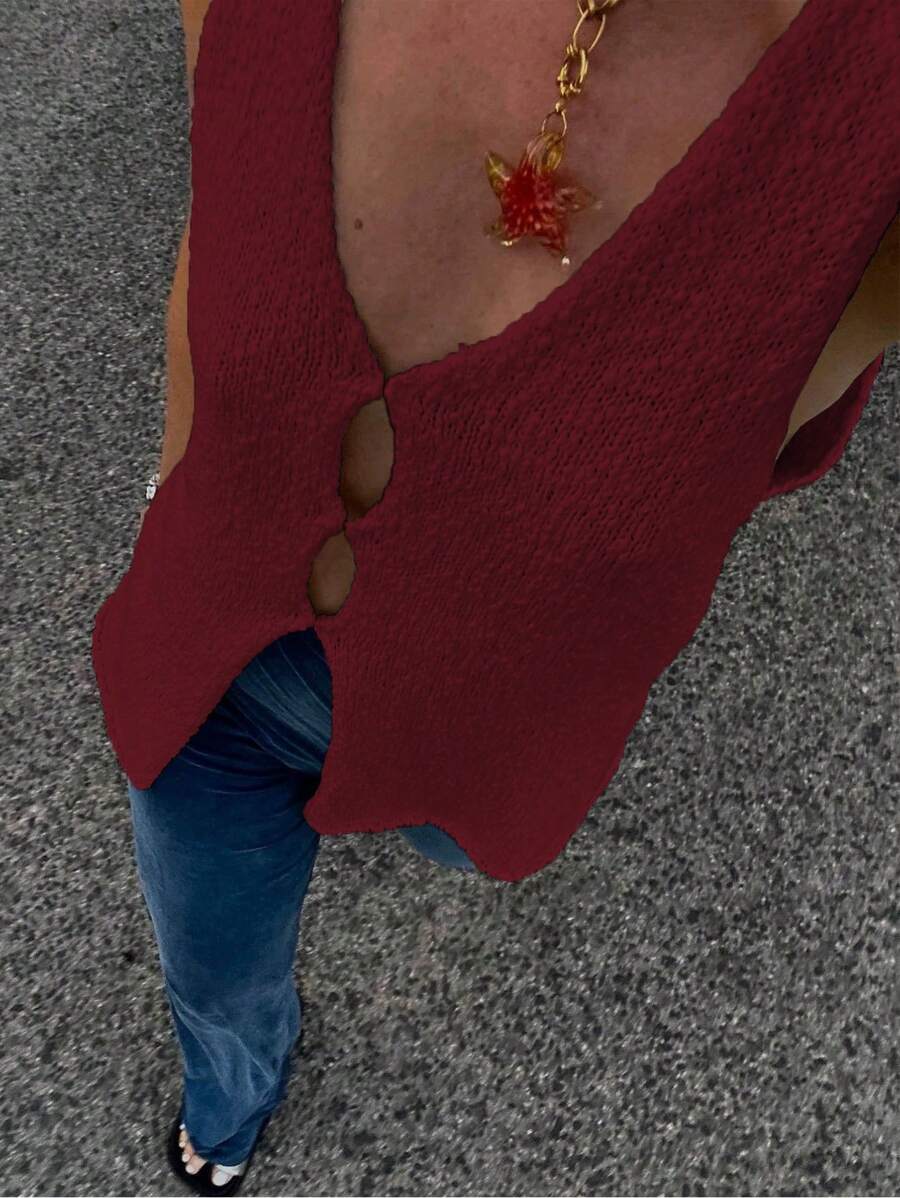 Chiquease 女士纯色修身无袖针织上衣，秋装 - 酒紅色 - 查看 1