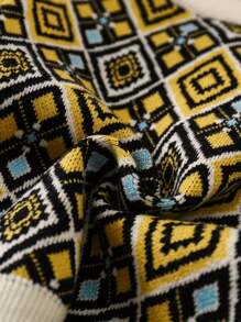 Toddler Girls' Vintage Retro Flower & Geometric Print Color Block Pullover Sweater. The Geometric Print Color Block Design Blends Traditional And Fashionable Elements, Showcasing A Distinctive Style. The Pullover Design Is Warm And Suitable For Autumn And Winter Outings. The Retro Floral Pattern Exudes A Unique Taste. The Warm And Comfortable Fabric Is Suitable For The Season. This Sweater Not Only Exudes A Vintage Charm, But Also Adds An Elegant Quality To The Little Girls, Allowing Them To Showcase A Charming And Graceful Presence During Autumn And Winter Travels. - Khaki - View 6