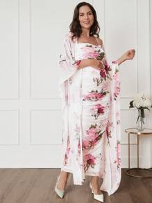 SHEIN Bộ 2 váy dự tiệc cưới cho bà bầu, váy quấn hoa hồng & váy trắng bó sát, dành cho phụ nữ mang thai - Hồng - Xem 3