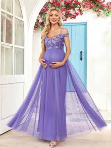 孕妇露肩网眼亮片派对连衣裙 - 紫羅蘭色 - 查看 5