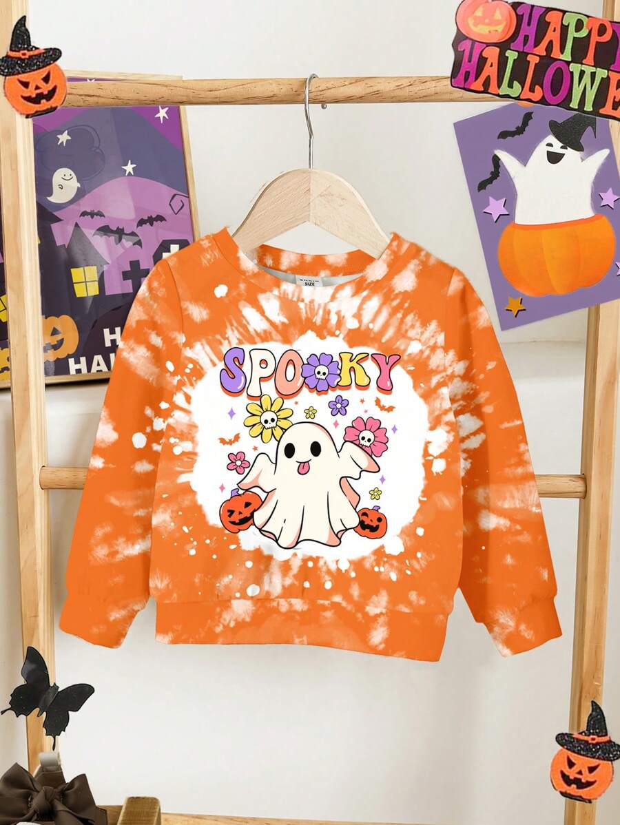 SHEIN 女婴怪异扎染图案柔软针织圆领套头衫，适合秋冬季、万圣节 - 彩色 - 查看 1