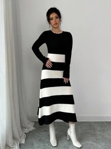 Elenzga 女士圆领长袖拼色条纹简约优雅针织毛衣连衣裙 - 黑與白 - 查看 7