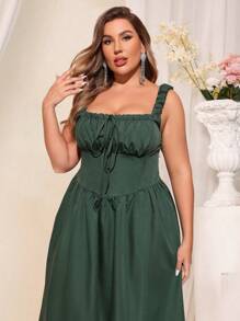 SHEIN Belle Plus Size Collar Strap Ruffle Tie-Waist Elegant Formal Dress (Heavily Embellished) - Dark Green - View 6