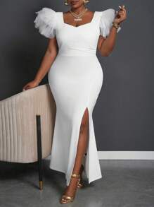 Slaydiva Elegant White V-Neck High Slit Dress With Mesh Sleeve Detail, Evening Gown - Plus Size - White - View 7