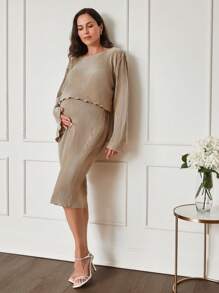 MaterniWear 2pcs Maternity Set: Khaki Top & Loose A-Line Skirt Set, Spring Autumn - Khaki - View 5