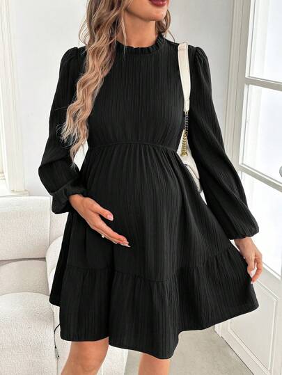 SHEIN Maternity Elegant Green Long Formal Dress With Lantern Sleeves And Side Slit, Fitted Maxi Pregnancy Dress