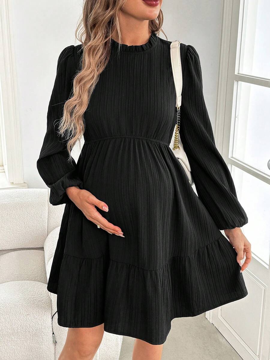 SHEIN Maternity Elegant Green Long Formal Dress With Lantern Sleeves And Side Slit, Fitted Maxi Pregnancy Dress