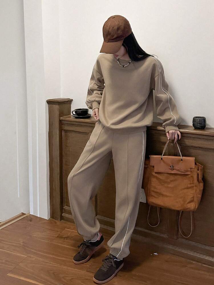 2pcs Women Casual Color Block Loose Sweatshirt And Pants Set,Fall Clothes,Thermal Lined Tracksuits Women Set Lounge Sets For Women