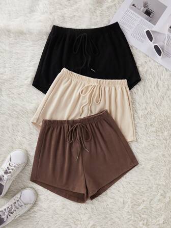 3pcs Women Solid Color Casual Sleep Shorts