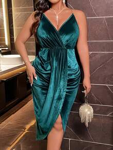 大码纯色褶皱交叉裹身连衣裙 - 墨綠色 - 查看 4