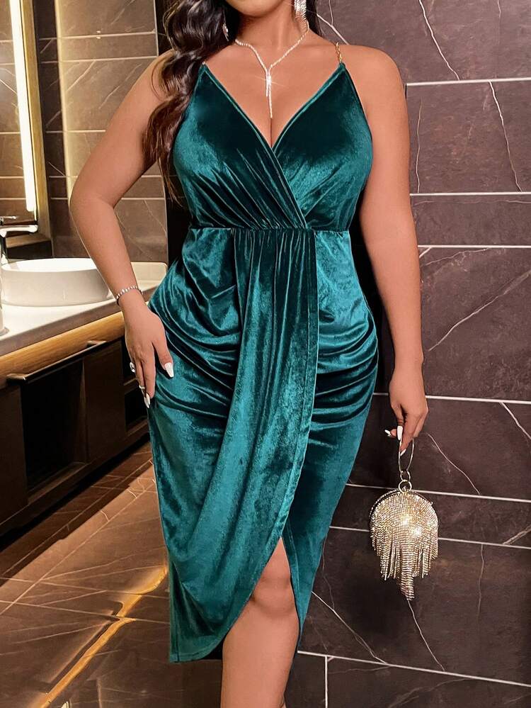 大码纯色褶皱交叉裹身连衣裙 - 墨綠色 - 查看 4