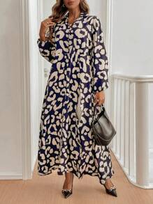 SHEIN LUNE Áo sơ mi dài in họa tiết thanh lịch thời trang nữ - Màu xanh lam - Xem 5