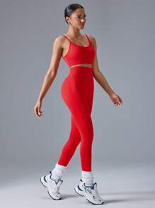 VARSITIE เซตเสื้อกล้ามคอตัดและกางเกงเลกกิ้งเอวสูงสำหรับผู้หญิง - สีแดง - ดู 5