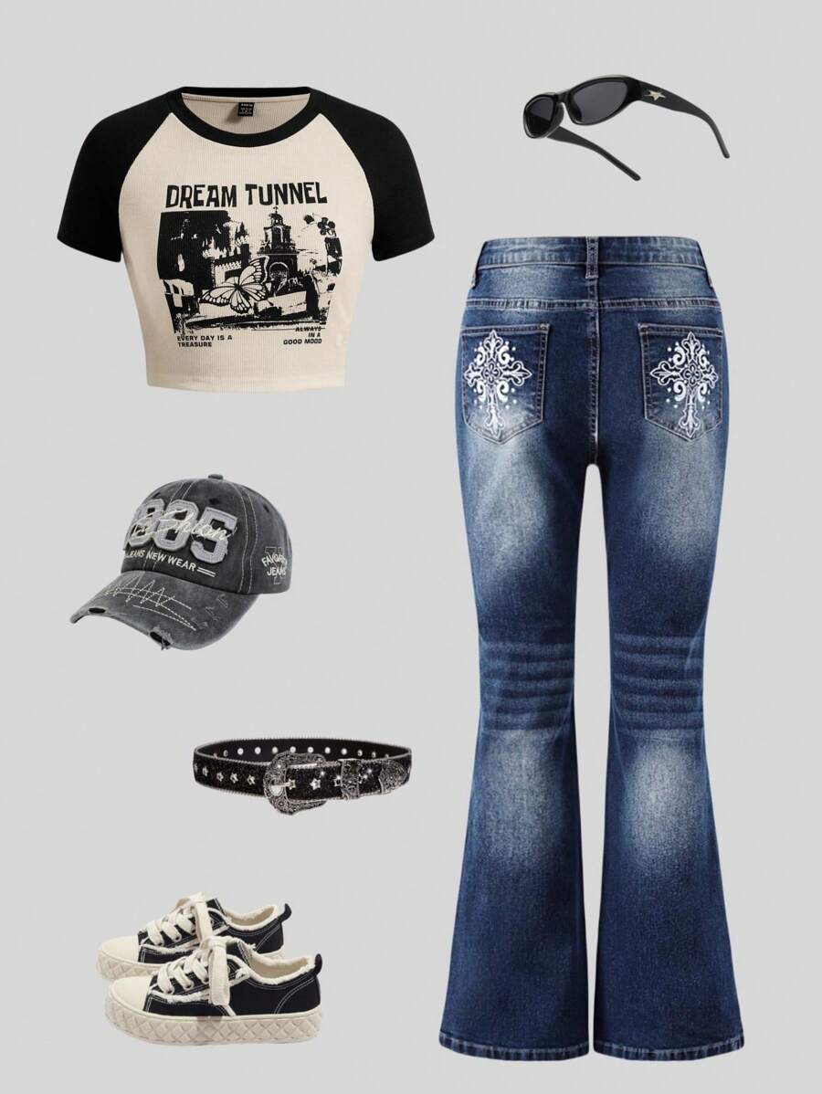 SHEIN Teen Girl Embroidered Sequin Decor Flare Leg Jeans, Casual Outfit - Dark Wash - View 1