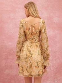Enchnt Women's Floral Print Sweetheart Neck Long Sleeve Multi-Layered Lotus Leaves Dress,Beige Autumn Cottage Core Tea Party Fall Winter Clothing Dresses - Yellow - View 5