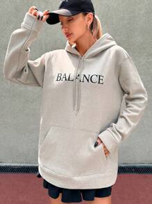 EURMUSE Letter Graphic Kangaroo Pocket Drawstring Hoodie - Beige - View 4