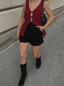 Chiquease 女士纯色修身无袖针织上衣，秋装 - 酒紅色 - 查看 4