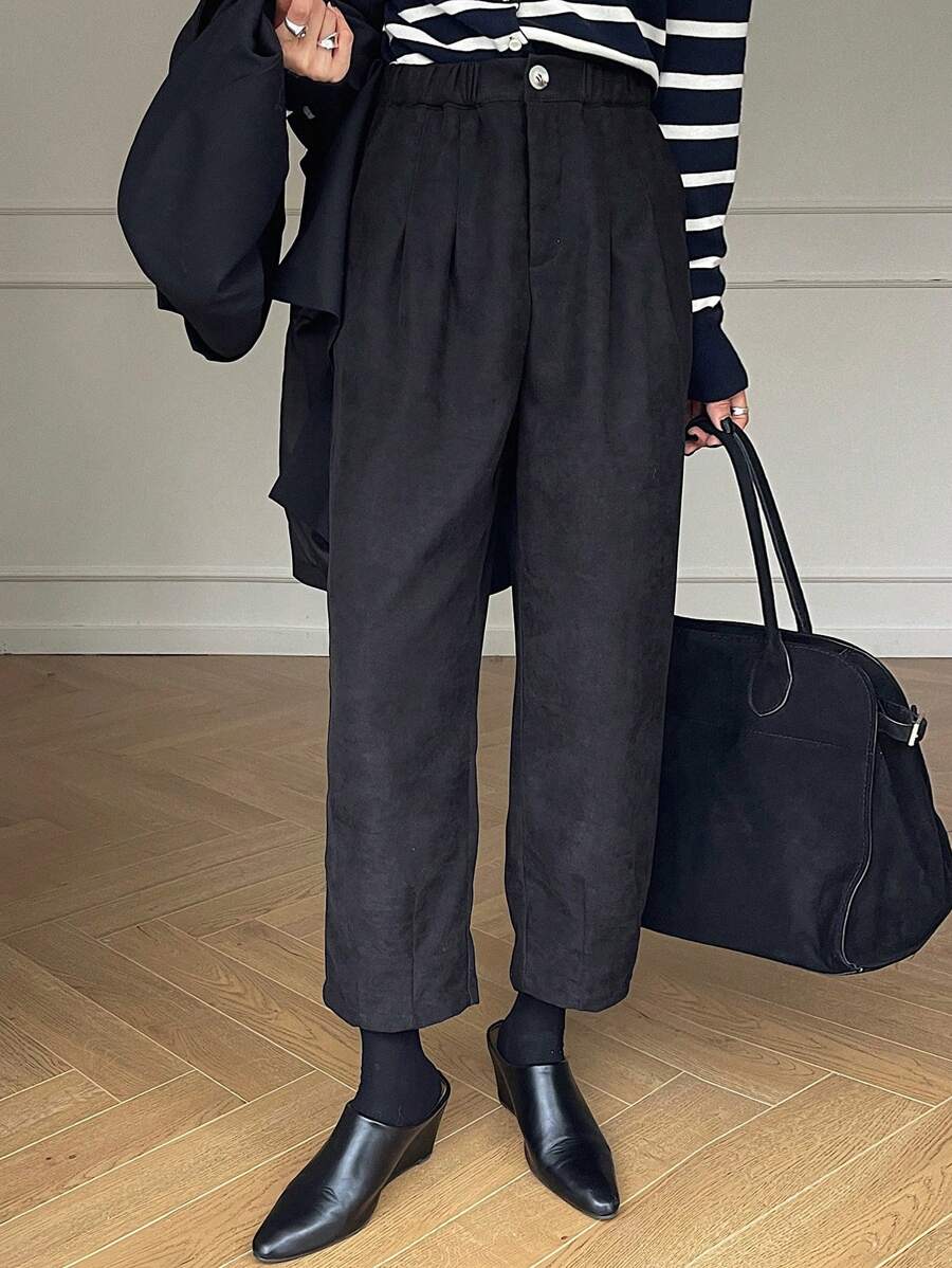 DAZY Pantalones casuales y de negocios de 7/8 de longitud con pliegues de unicolor, tela gruesa, para mujer - Negro - Ver 1