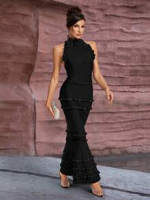 女士无袖褶皱露背荷叶边美人鱼绷带连衣裙 - 黑色 - 查看 6