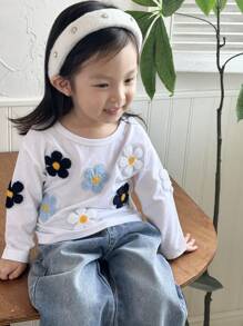SHEIN Vêtements de mode automne/hiver pour bébé fille avec application florale 3D mignonne et brodée - Blanc - Voir 1