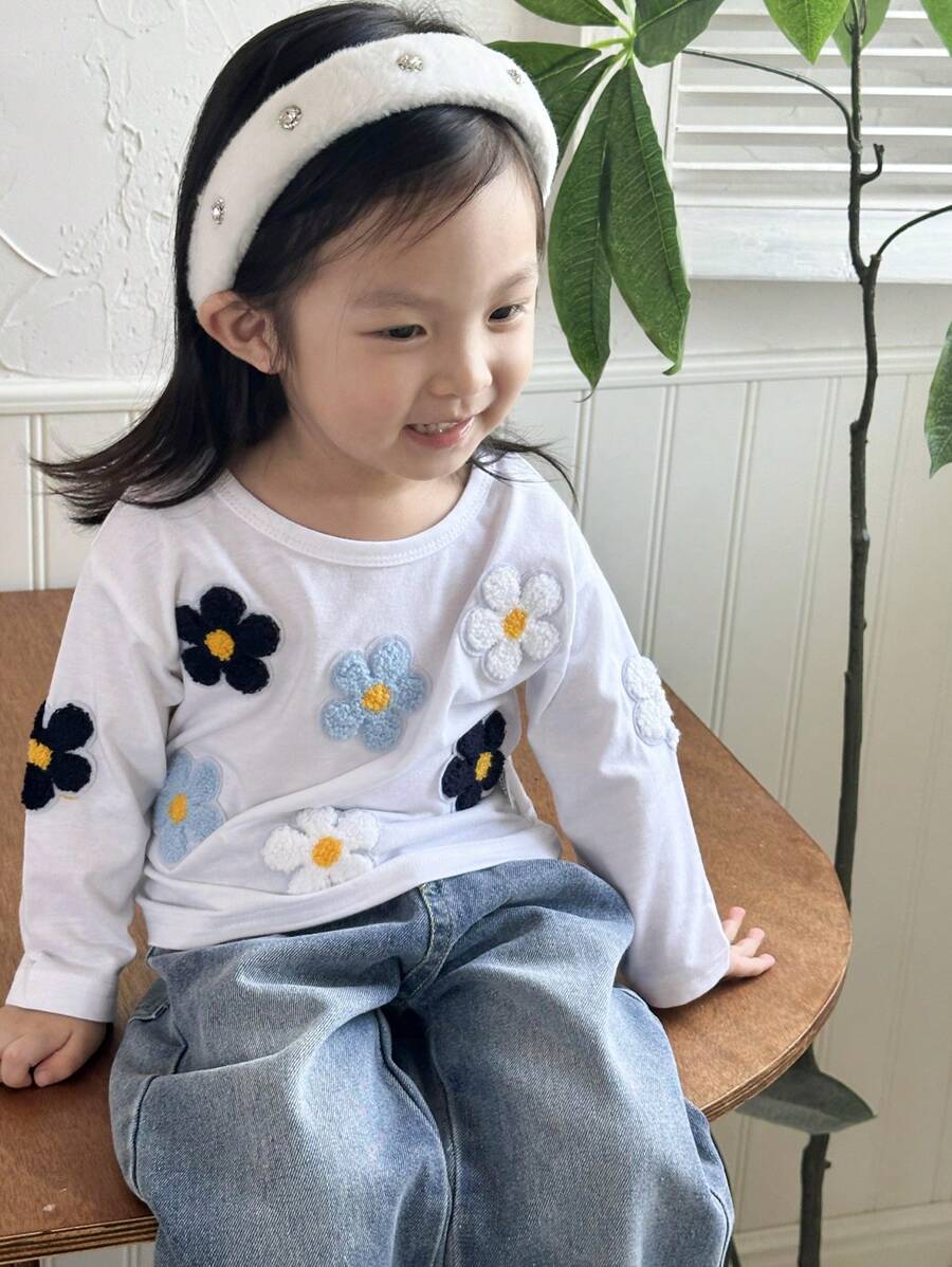 SHEIN Vêtements de mode automne/hiver pour bébé fille avec application florale 3D mignonne et brodée - Blanc - Voir 1
