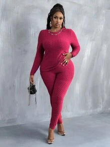 Slaydiva Casual Basic Women's Plus Size Pineapple Grid Texture Knit Slim Fit Sports & Leisure Two-Piece Outfit Set - Burgundy - View 3