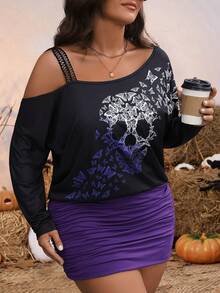 SHEIN LUNE Plus Size Women Halloween Skeleton & Butterfly Print Asymmetric Color Blocking Mini Dress - Multicolor - View 8