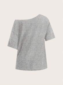 SHEIN Essnce Simple Floral Drop-Shoulder Plain T-Shirt For Women, Suitable For Summer - Grey - View 2