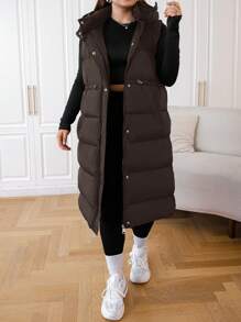 SHEIN EZwear Plus Size Long Hooded Winter Vest Coat Fall Autumn - Brown - View 5