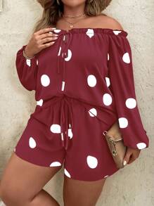SHEIN LUNE 2 件套大码波尔卡圆点印花露肩扭纹衬衫和短裤休闲套装 - 酒紅色 - 查看 1