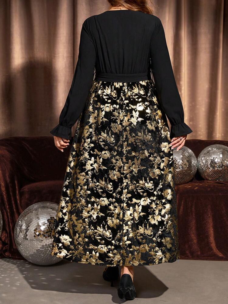 Plus Size Women's Spring & Summer V-Neck Long Sleeve Floral Print Patchwork Gold Foil Elegant Dress