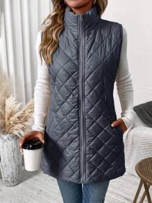 SHEIN Clasi Plus Size Casual Quilted Zip-Up Padded Coat, Suitable For Winter Fall Autumn - Dusty Blue - View 3
