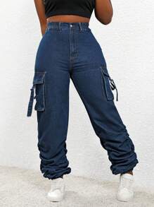 SHEIN Slayr Quần Denim thông thường có túi có túi cạp cao cạp cao - Rửa tối - Xem 2