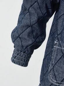 YOUNG BOY Retro Casual Dark Blue Washed Diamond Jacquard Flat Pockets Round Neck Jacket - Dark Wash - View 3