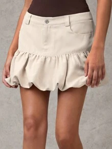 SHEIN BAE 女士卡其色纯色简约百搭休闲派对气球裙，时尚迷你蓬松裙 - 杏色 - 查看 6