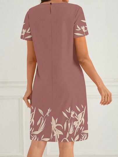 EMERY ROSE Vestido cómodo para uso diario con estampado floral, de cuello redondo, manga corta y corte holgado para mujer