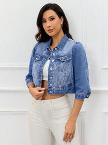 SHEIN Essnce 春夏休闲猫须剪裁牛仔夹克 - 淺色水洗藍 - 查看 6