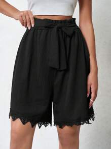 EURMUSE Women Lace Splicing Floral Hem Shorts - Black - View 1