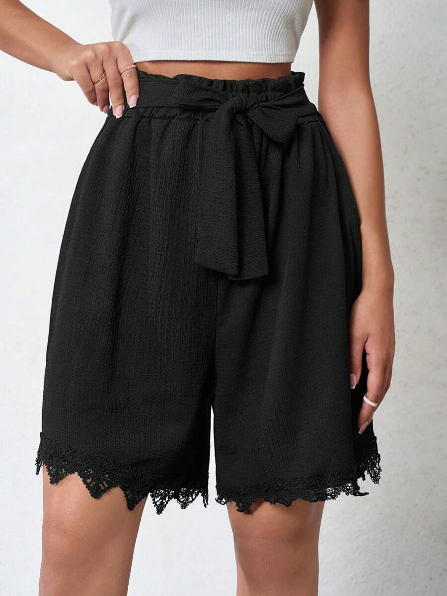 EURMUSE Women Lace Splicing Floral Hem Shorts - Black - View 1